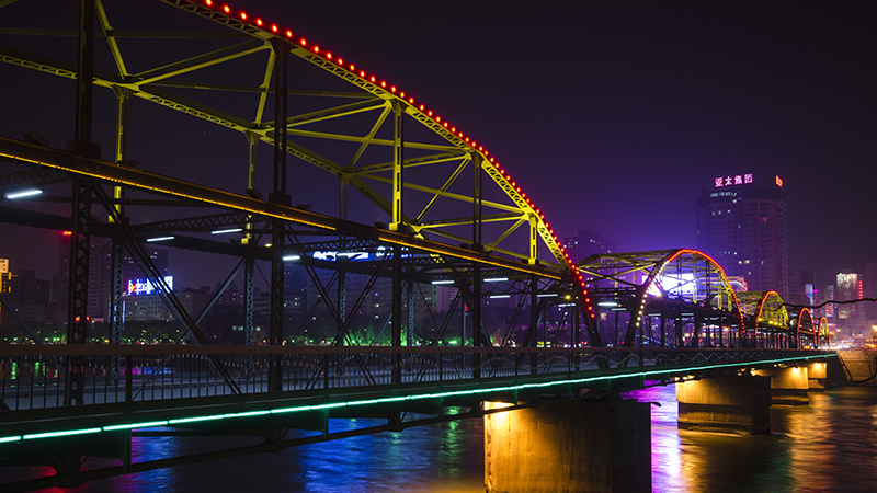 Night view of the Zhongshan Bridge over the Yellow River, China 